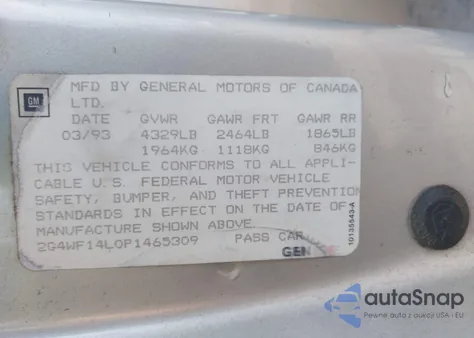 1993 Buick Regal Gran Sport from USA, damaged, VIN 2G4WF14L0P1465309